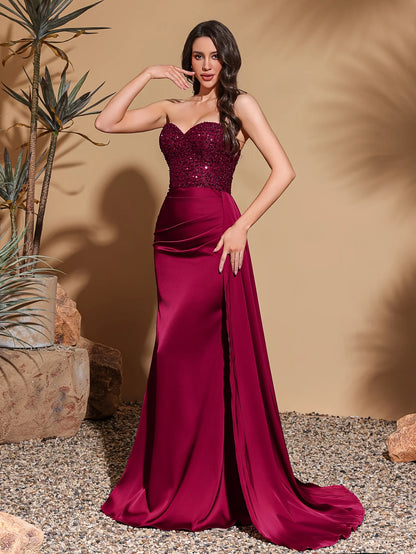 Sequin Tube Top Satin Evening Gown for Women