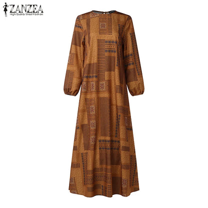 ZANZEA Muslim Women's Vintage Printing Long Dresses Modest Hijabs Long Sleeve Baggy Abaya Robes Islamic Ramadan Eid Kaftan