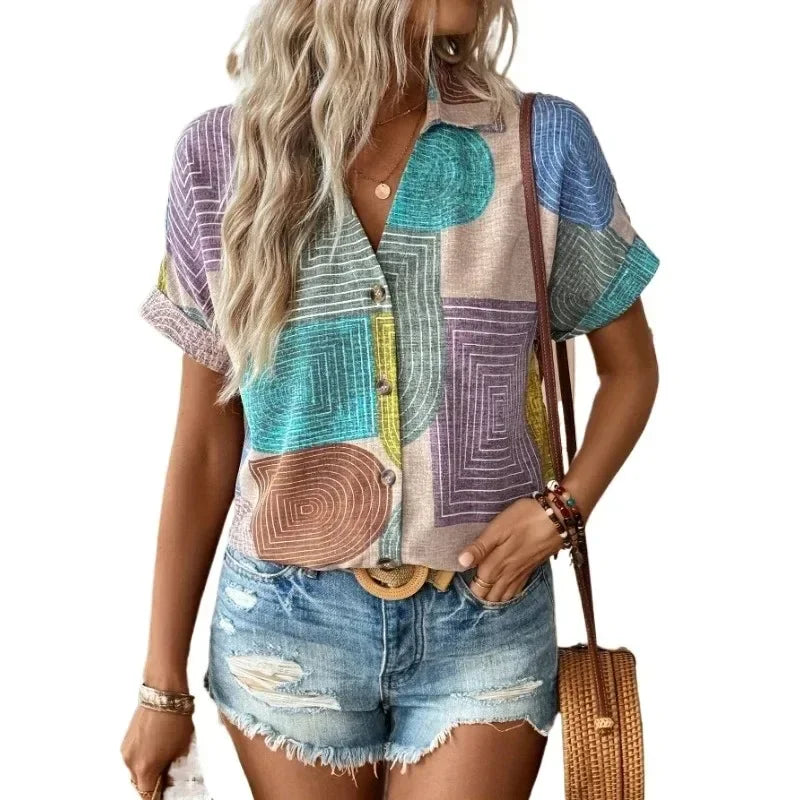 Plus Size Printed V-Neck Button T-Shirt Top