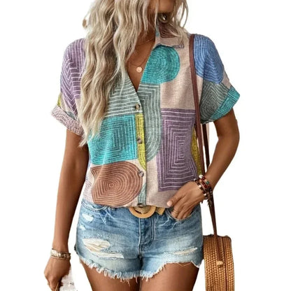 Plus Size Printed V-Neck Button T-Shirt Top