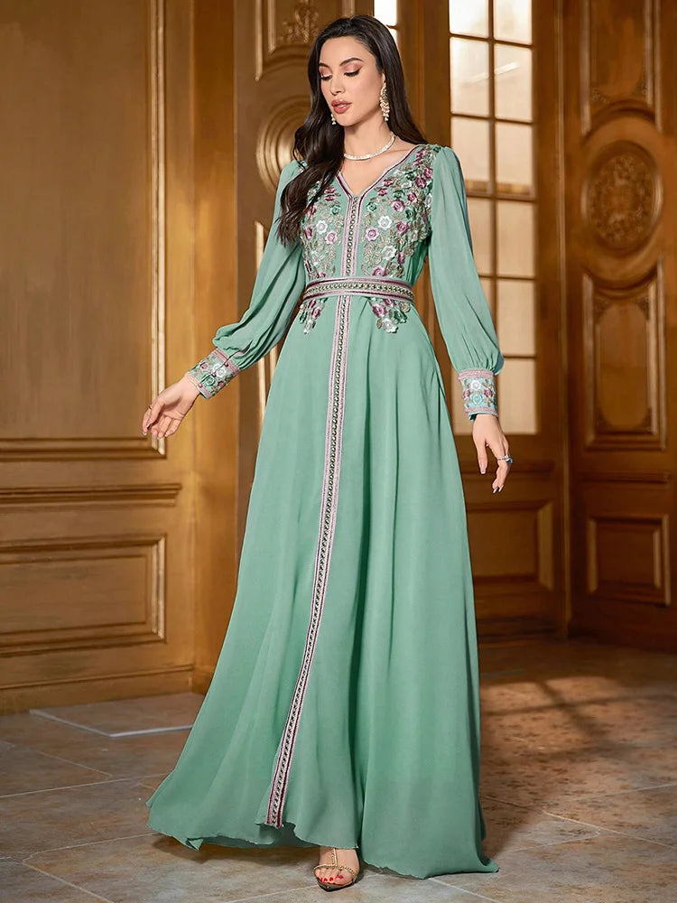 TOLEEN Luxury Floral Embroidery Kaftan Jalabiya Dress