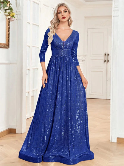 Luxury Blue Sequin V-Neck Evening Gown for Women