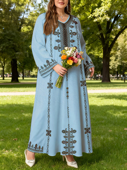 Plus Size Ethnic Print Long Sleeve Robe Dress