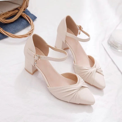 Elegant Bow Ankle Strap Block Heel Pumps for Women