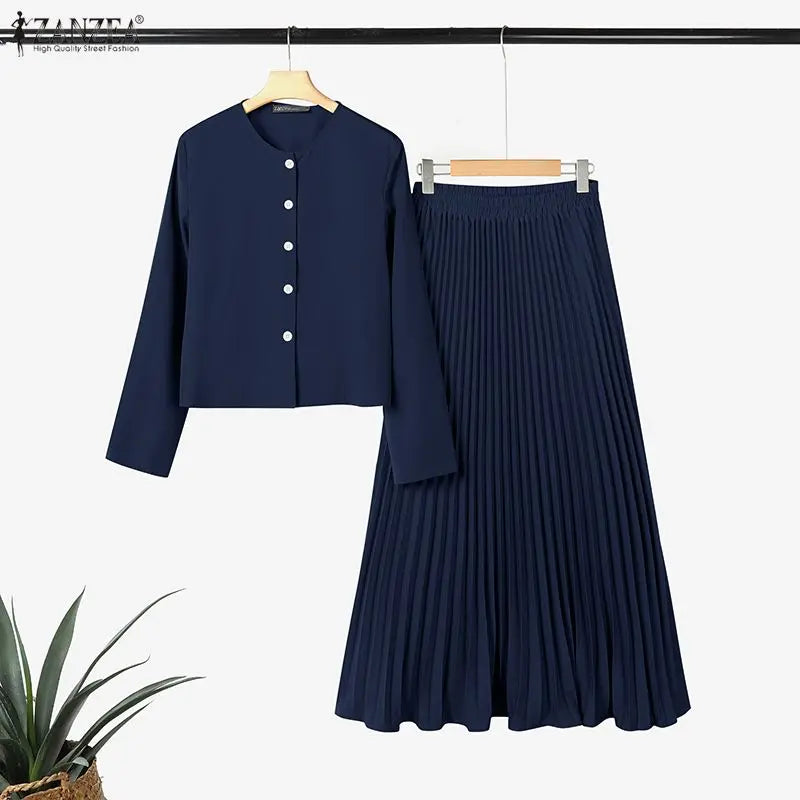 ZANZEA Elegant Long Sleeve Dress & Skirt Set for Women