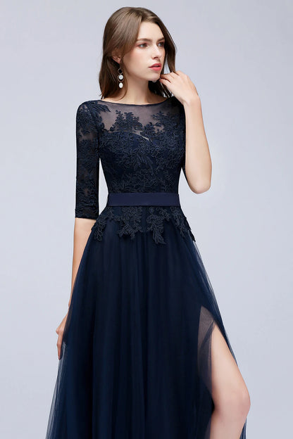 Navy Blue Lace Appliqué Tulle Evening Gown for Women