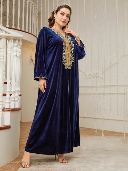 TOLEEN Plus Size Lace Velvet Abaya Maxi Dress