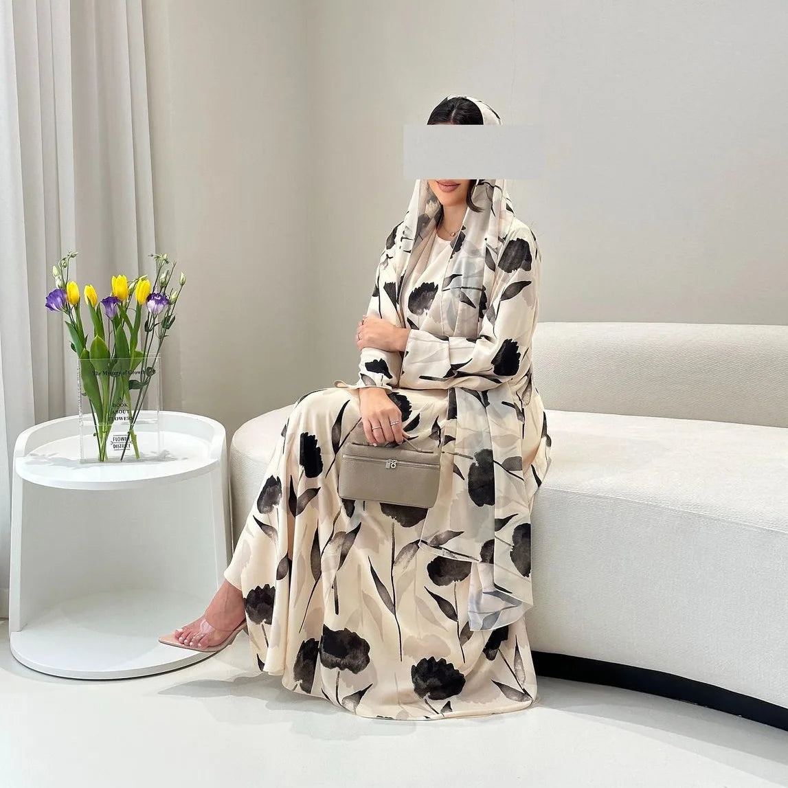Watercolor Floral Print Abaya & Hijab 2-Piece Set for Women