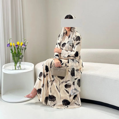 Watercolor Floral Print Abaya & Hijab 2-Piece Set for Women