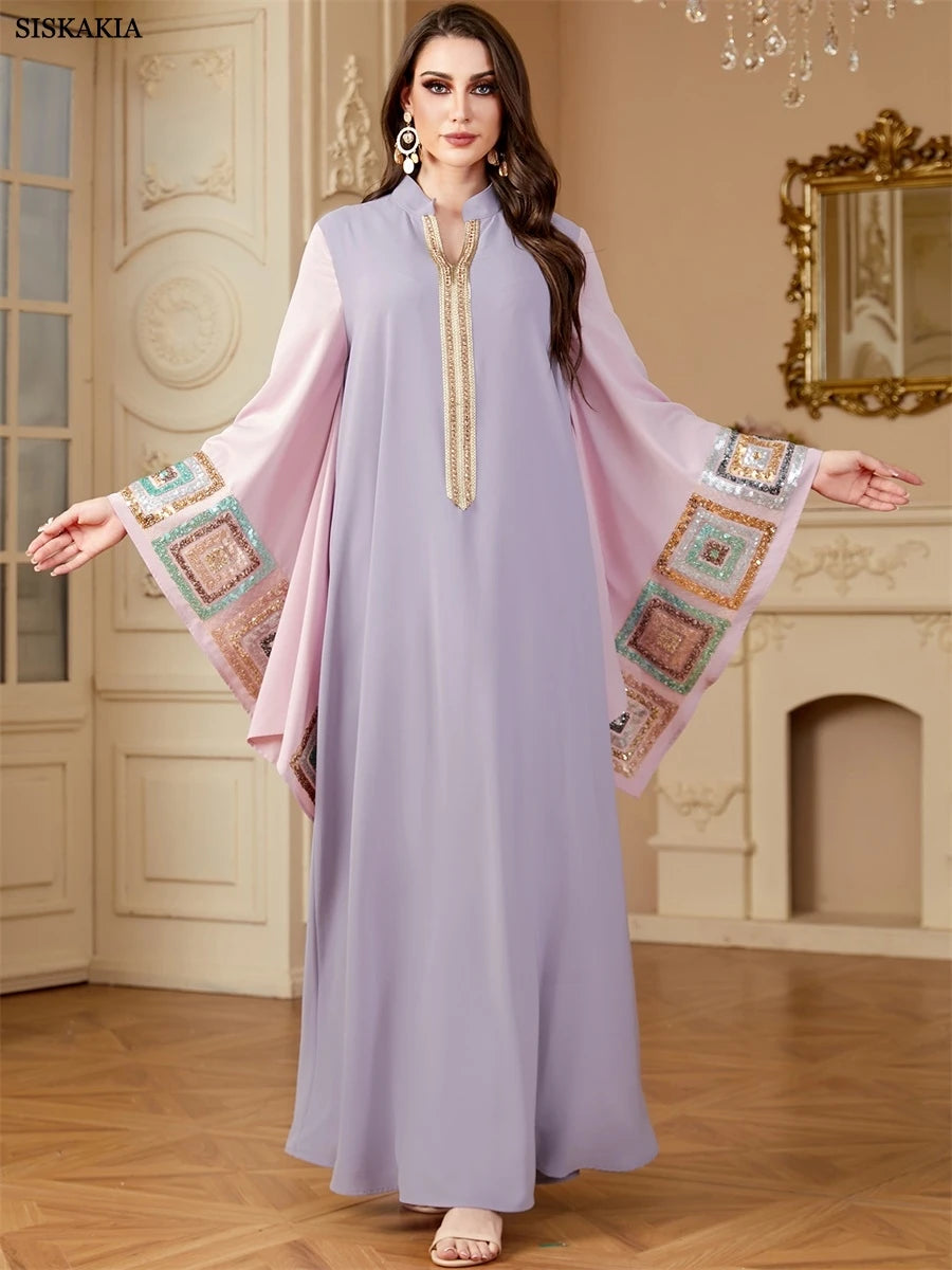 Siskakia Sequin Patchwork Batwing Sleeve Abaya Dress for Women