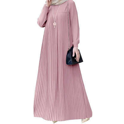 ZANZEA Modest Hijabs Women Pleated Long Dresses Casual O-Neck Long Sleeve Loose Maxi Dress Abaya Robes Woman Muslim Clothes 3XL
