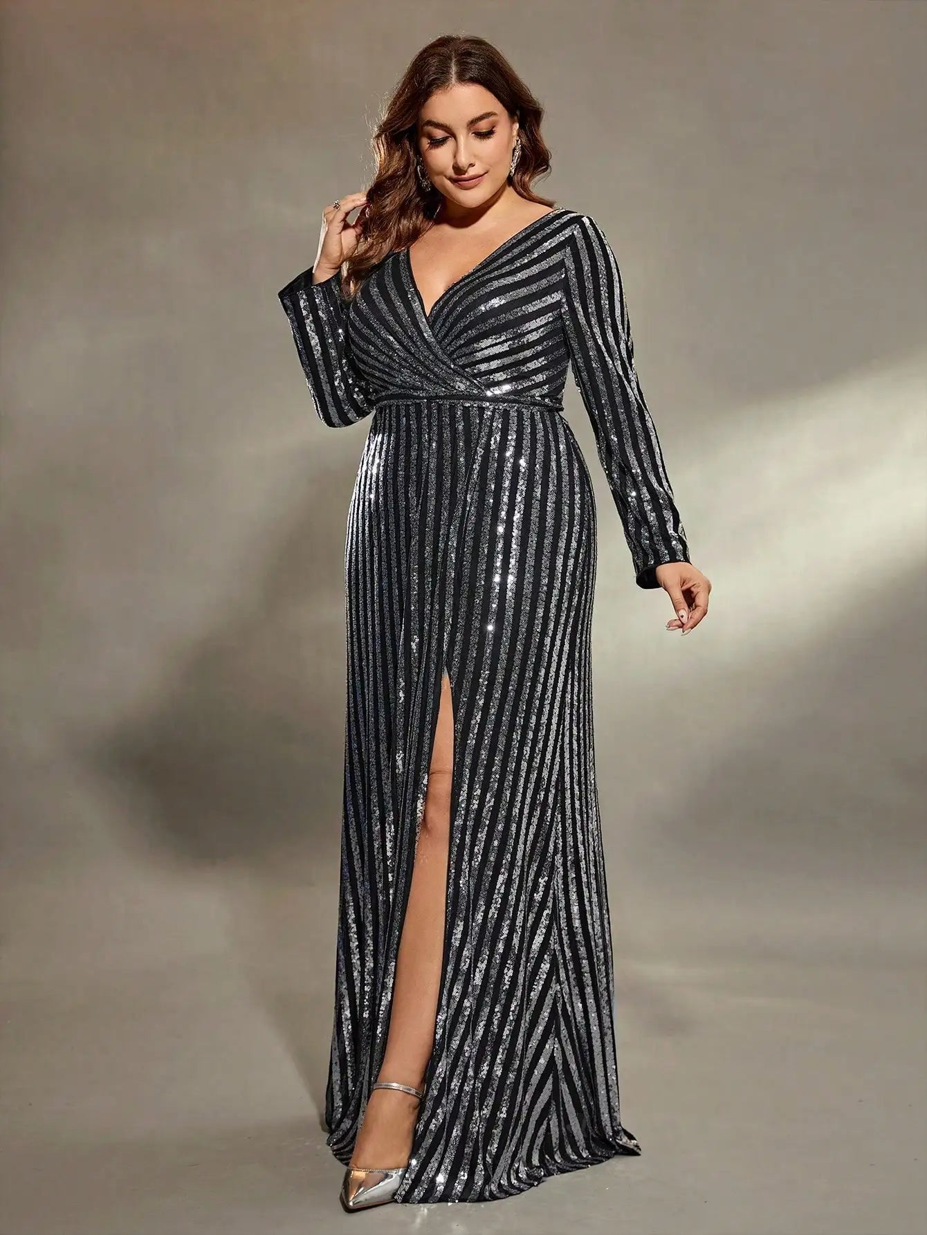 Mgiacy V-Neck Sequin Slit A-Line Maxi Dress