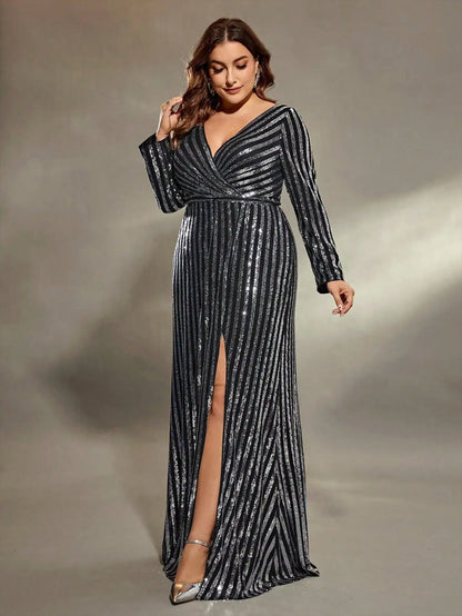 Mgiacy V-Neck Sequin Slit A-Line Maxi Dress