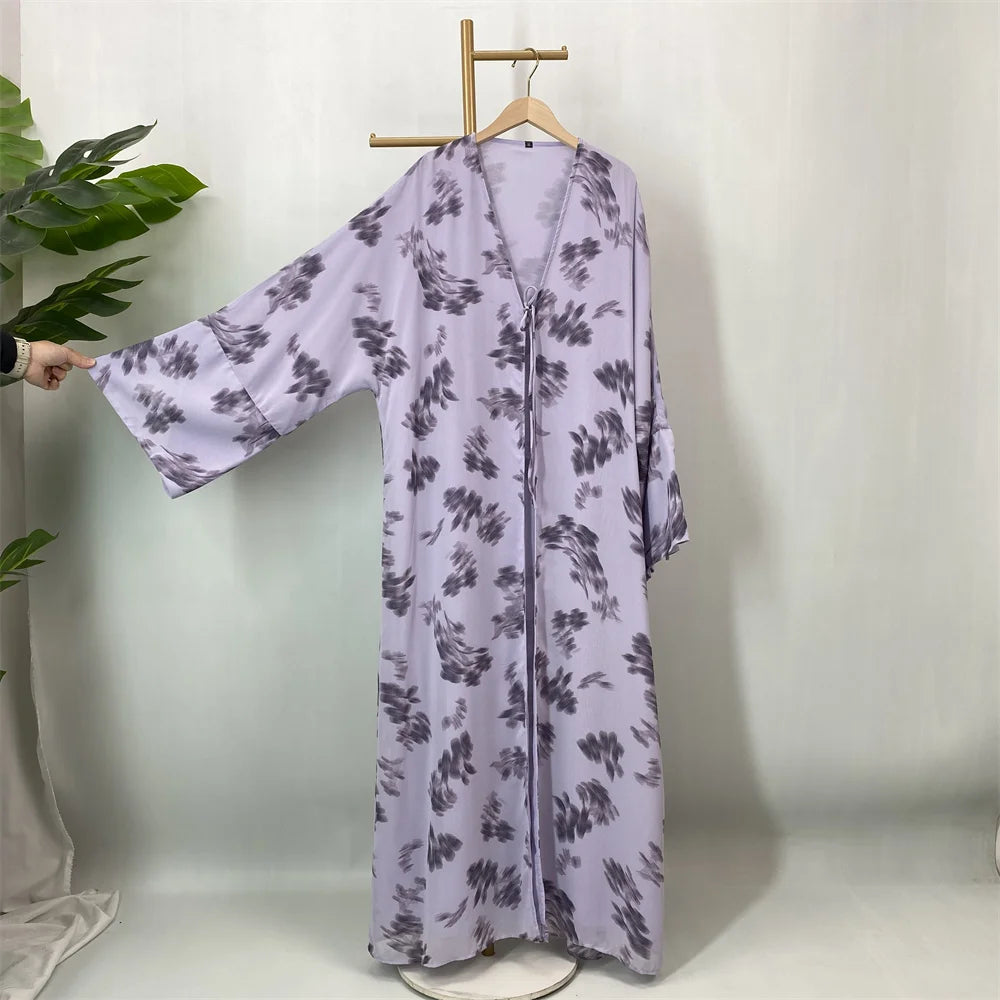 Women's Floral Print Chiffon Open Abaya Kimono