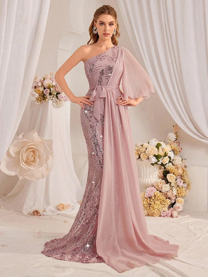 TOLEEN One Shoulder Sequin Maxi Evening Gown