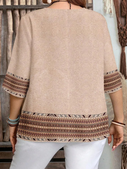 Plus Size Retro Print Button-Up Casual Shirt