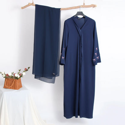 Eid Bow Embroidery Abaya & Hijab 2-Piece Set for Women