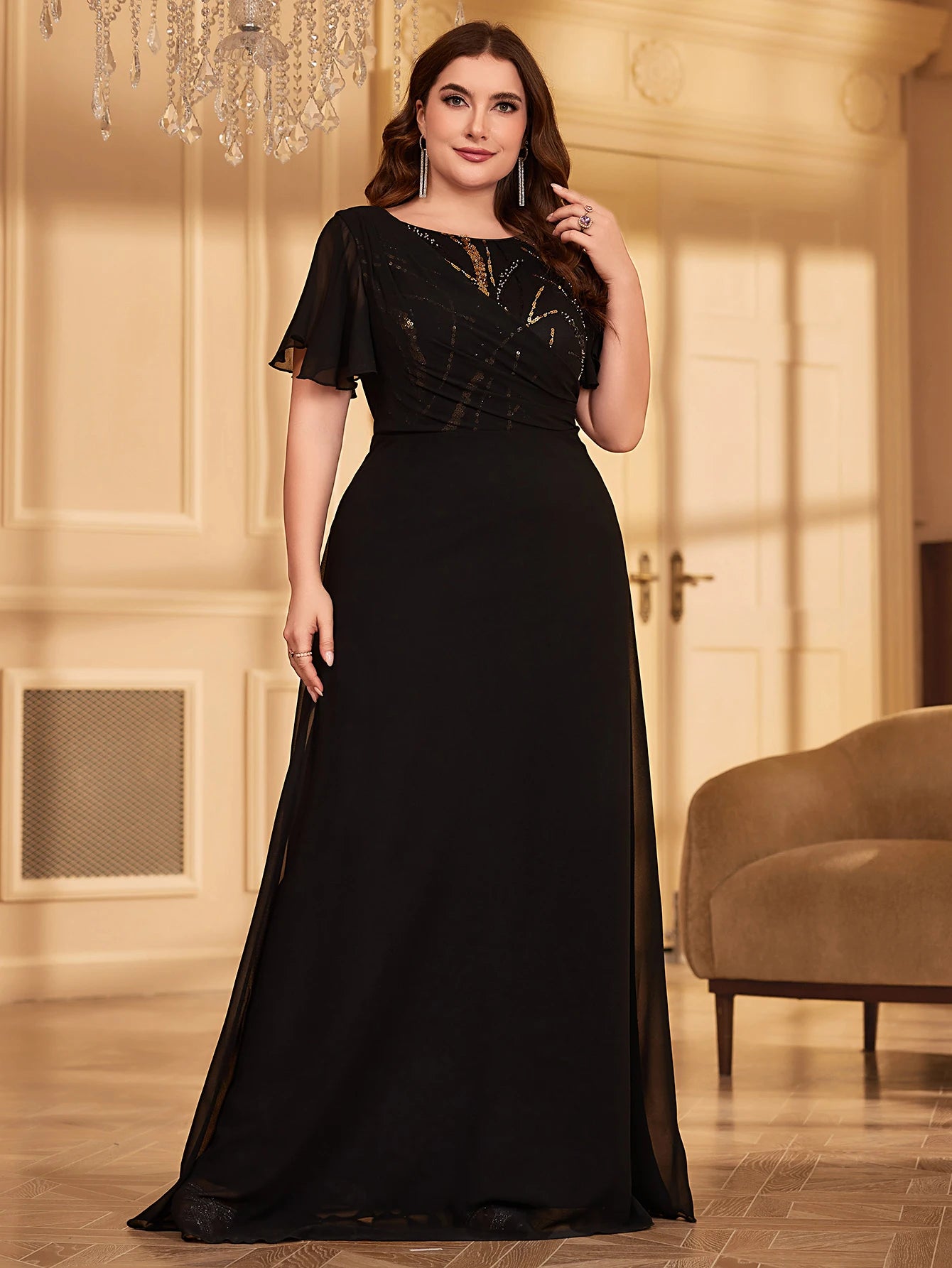 UNITHORSE Plus Size Sequin Chiffon Party Dress