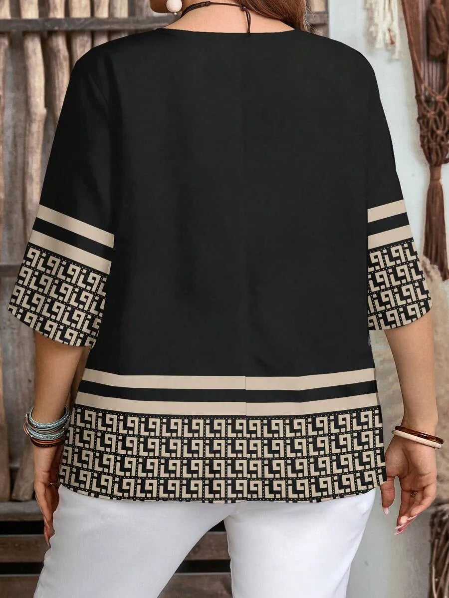 Plus Size Retro Print Button-Up Casual Shirt