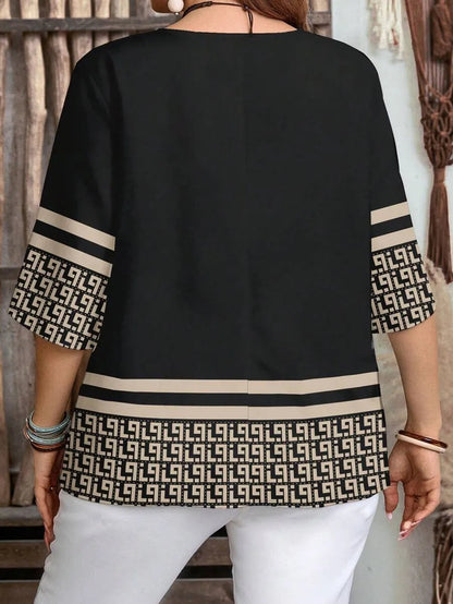 Plus Size Retro Print Button-Up Casual Shirt