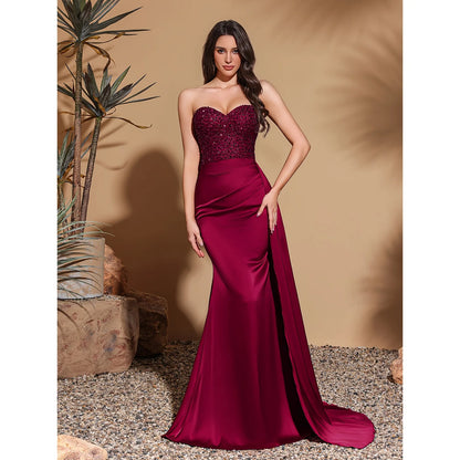 Sequin Tube Top Satin Evening Gown for Women