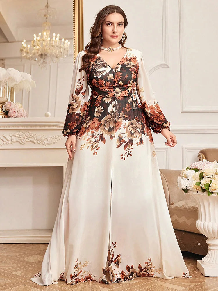 TOLEEN Plus Size Floral Print Lantern Sleeve Maxi Dress