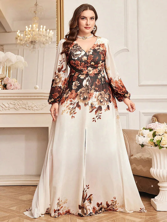 TOLEEN Plus Size Floral Print Lantern Sleeve Maxi Dress