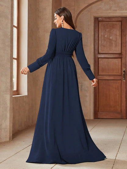 TOLEEN Elegant V-Neck Long Sleeve Maxi Dress