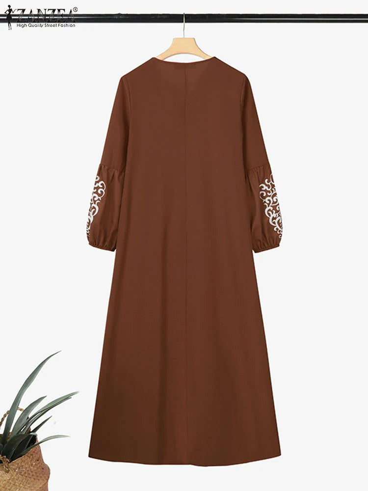 ZANZEA Printed Lantern Sleeve Pleated Abaya Maxi Dress for Women