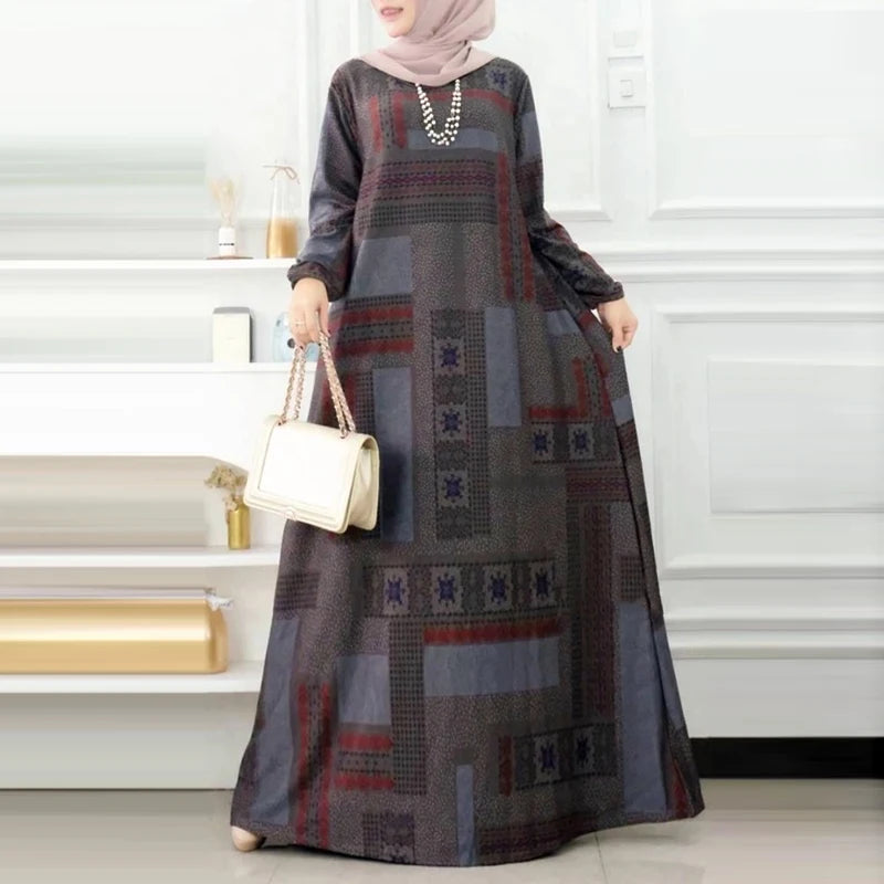 ZANZEA Muslim Women's Vintage Printing Long Dresses Modest Hijabs Long Sleeve Baggy Abaya Robes Islamic Ramadan Eid Kaftan