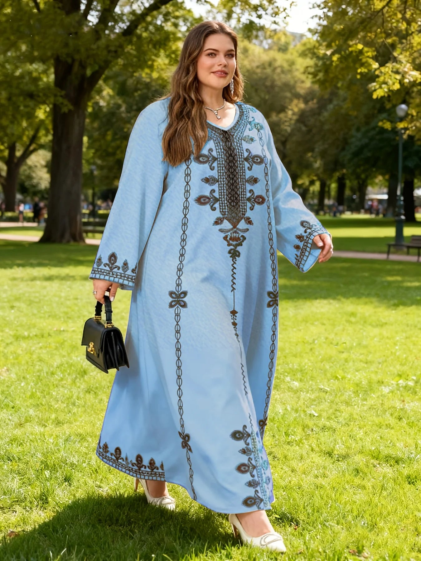 Plus Size Ethnic Print Long Sleeve Robe Dress