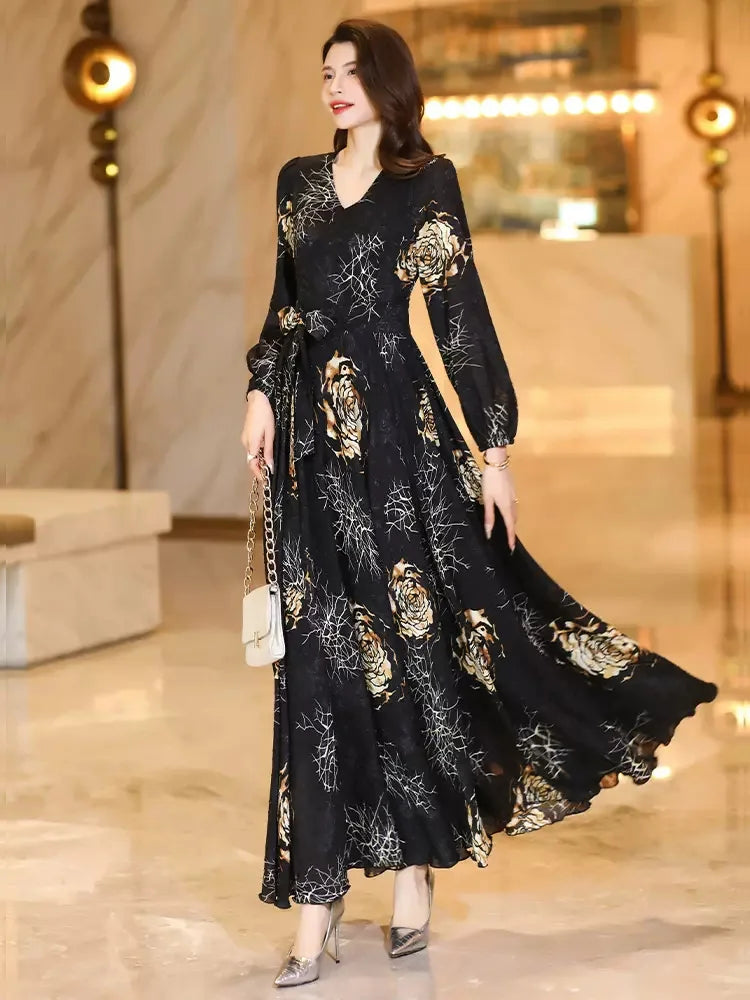 Women’s Printed V-Neck Long Sleeve Maxi Dress
