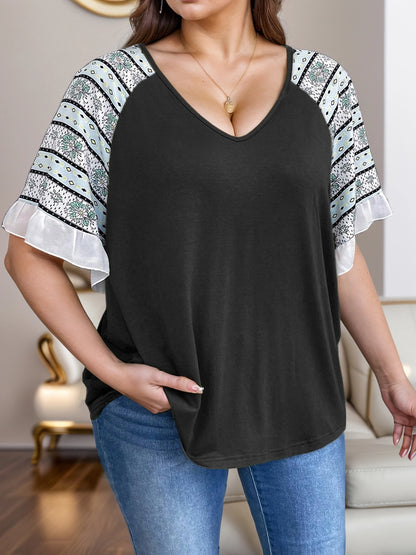 Plus Size V-Neck Patchwork Ruffle T-Shirt