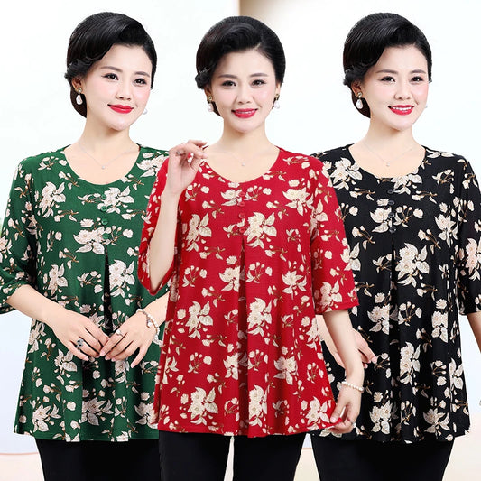 Plus Size Floral Pleated Loose T-Shirt