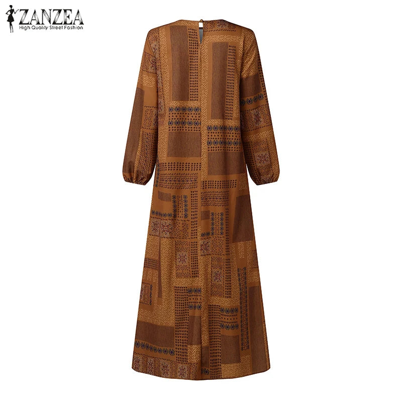 ZANZEA Muslim Women's Vintage Printing Long Dresses Modest Hijabs Long Sleeve Baggy Abaya Robes Islamic Ramadan Eid Kaftan