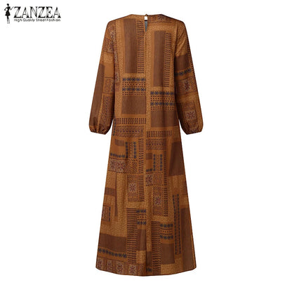 ZANZEA Muslim Women's Vintage Printing Long Dresses Modest Hijabs Long Sleeve Baggy Abaya Robes Islamic Ramadan Eid Kaftan