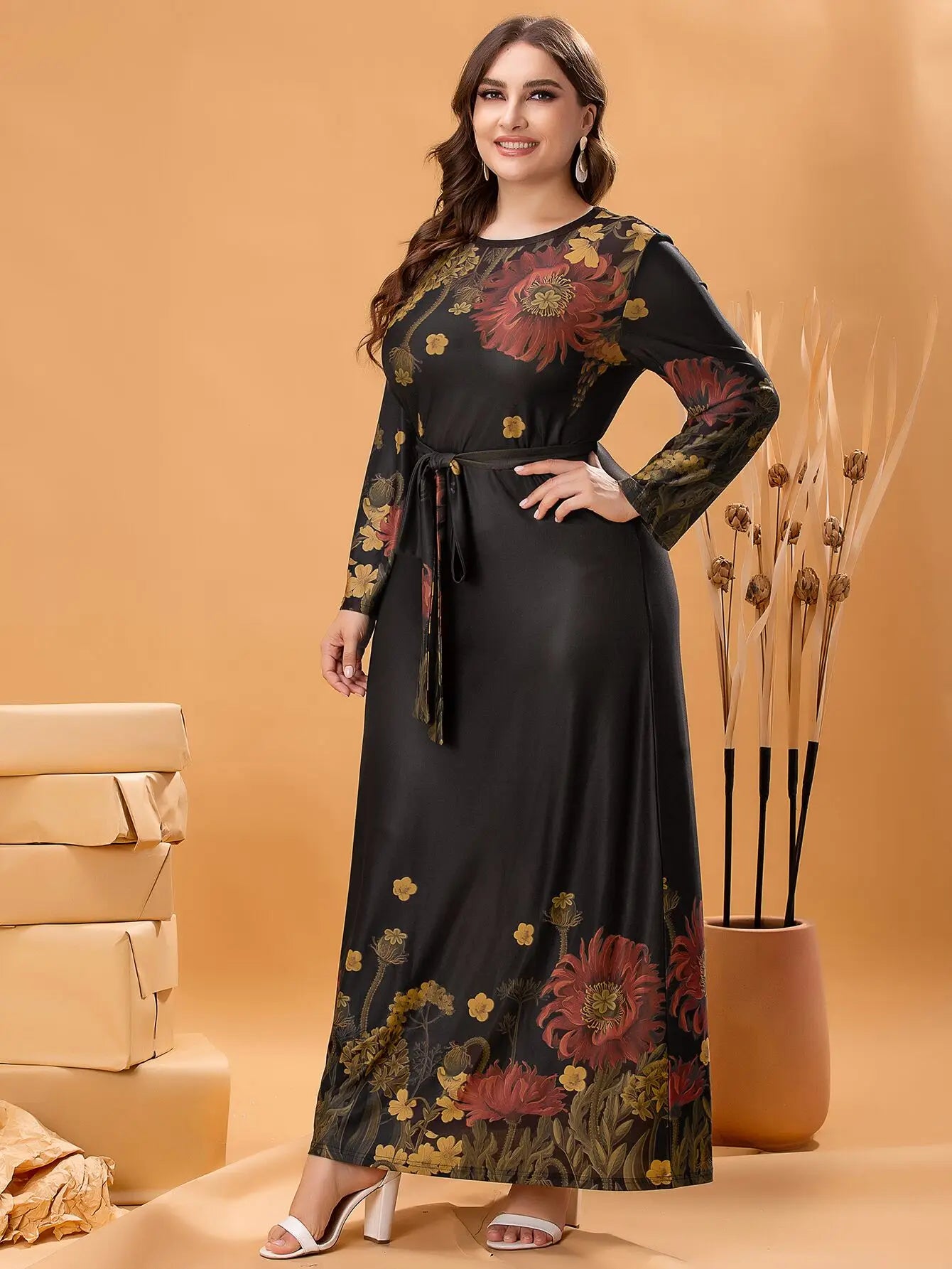 Plus Size Floral Print Long Sleeve Maxi Dress