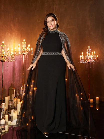 UNITHORSE Plus Size Applique Mesh Maxi Evening Dress