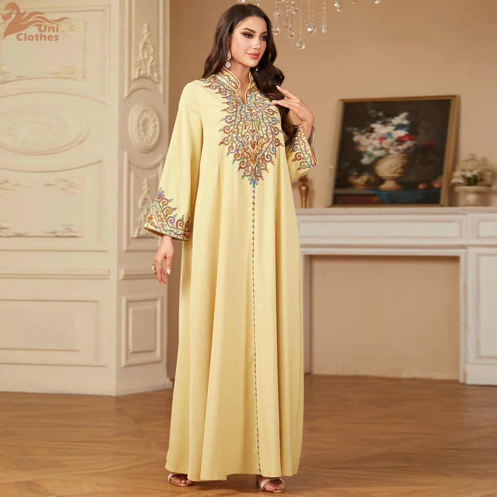 Embroidered V-Neck Dubai Abaya Jalabiya Dress for Women