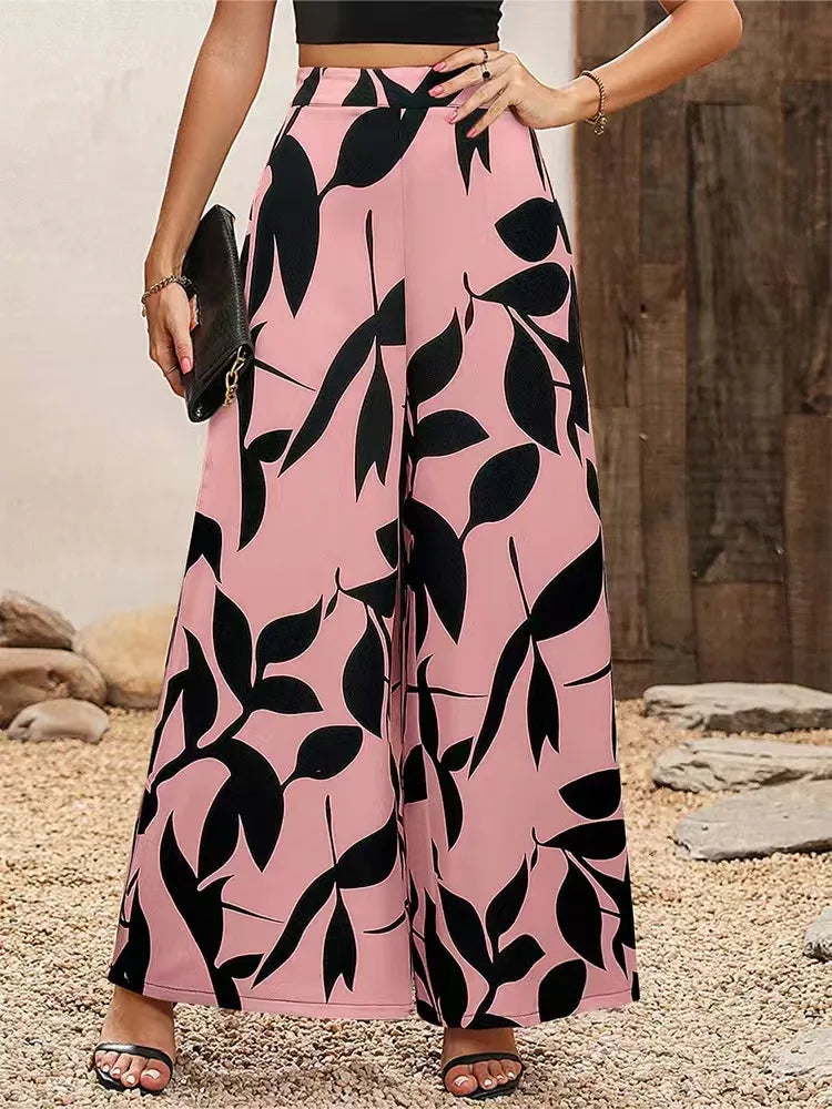 Women’s Leaf Print Wide Leg Casual Pants