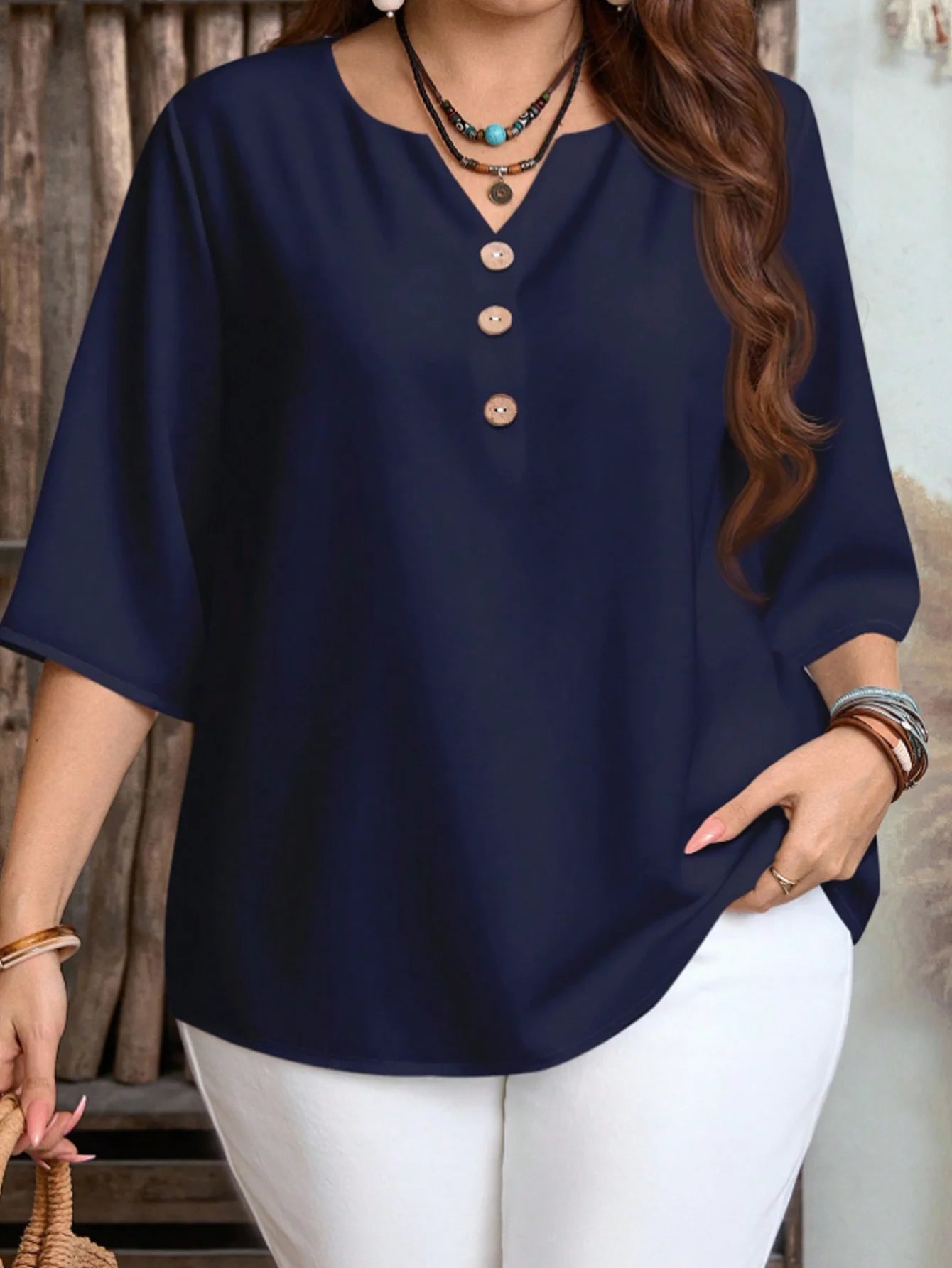 Plus Size Solid Color V-Neck Casual Top