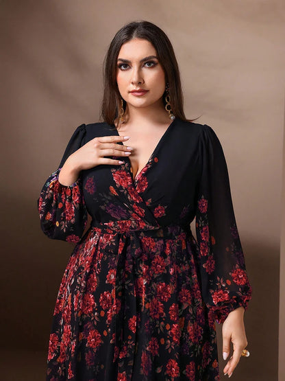 TOLEEN Plus Size Floral Print V-Neck Maxi Dress