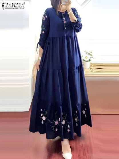 ZANZEA Floral Print Ruffle Hem Abaya Maxi Dress for Women