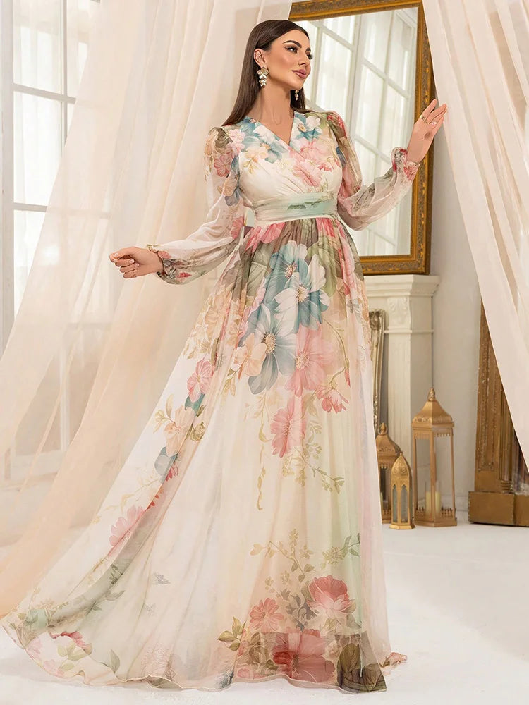 TOLEEN Women’s Floral Print Lantern Sleeve Maxi Dress