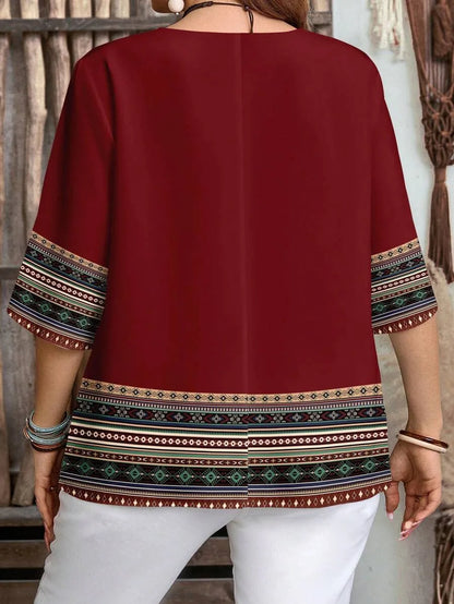 Plus Size Retro Print Button-Up Casual Shirt