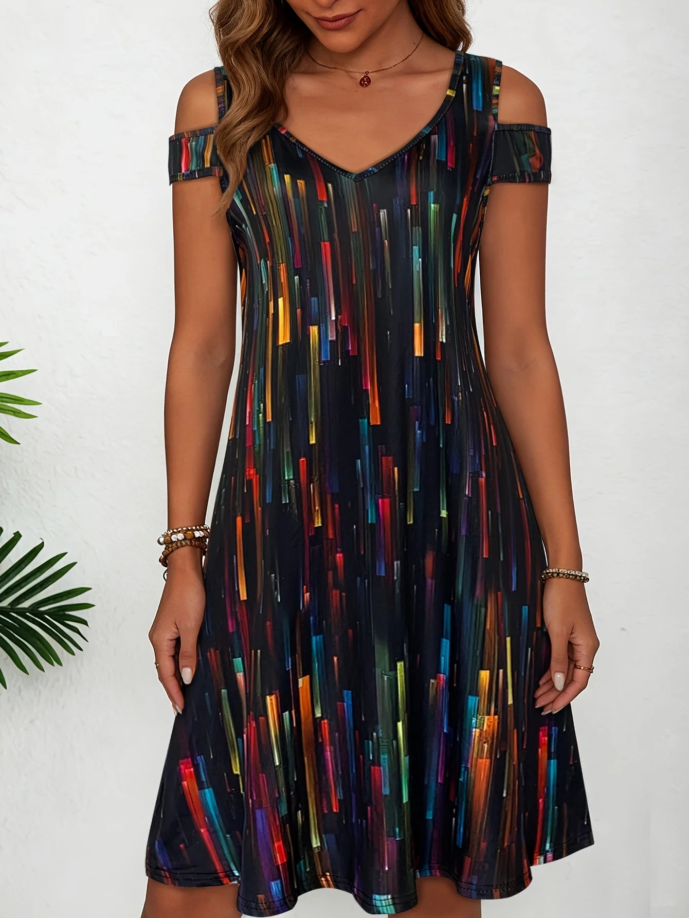 Women’s Wavy Stripe Cold Shoulder Midi Sundress