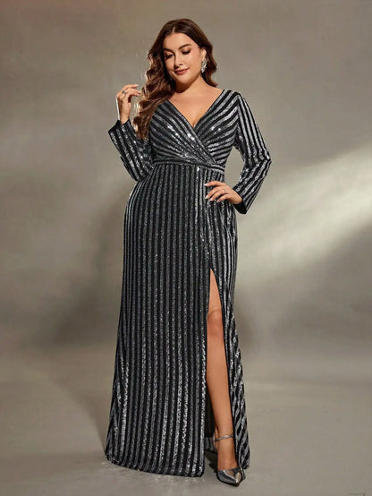 Mgiacy V-Neck Sequin Slit A-Line Maxi Dress