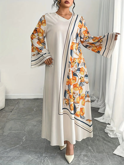 Plus Size Ethnic Print V-Neck Robe Dress