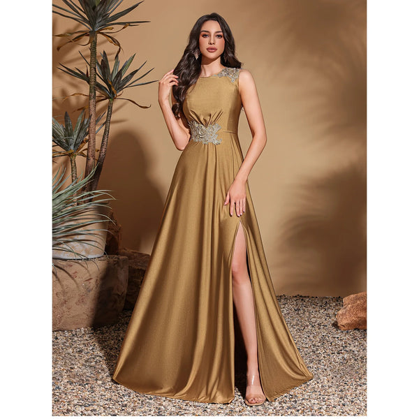 Asymmetrical Appliqué Sleeveless Slit Back Evening Gown for Women