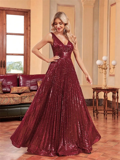 Luxury Red Sequin V-Neck Evening Gown for Women